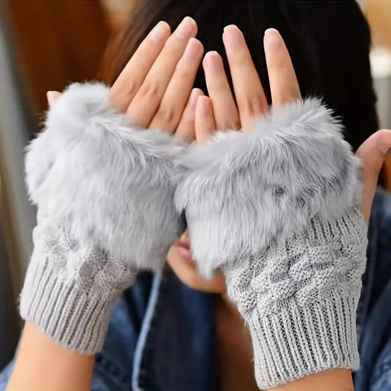 2pcs Women's Plush Knit Fingerless Gloves - Warm, Thick Touchscreen Compatible for Autumn & Winter